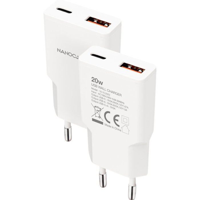 Nanocable Cargador de Pared 20W con USB-C PD y USB-A QC, Blanco